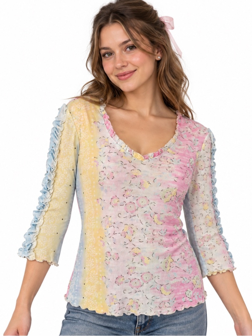 Y2K Pastel Floral Patchwork Mesh Top Ruffle Sleeves Women’s Large? Stretchy!